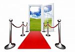 Home Door Open In A Green Clean Field With Red Carpet Stock Photo