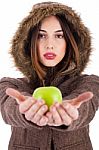 Hooded Lady Showing Green Apple Stock Photo