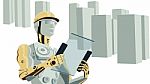 Humanoid Robot Construction Worker With Buildings Stock Photo