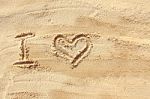 I Love - Sand Writing On The Beach Stock Photo