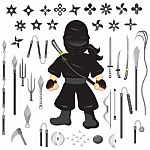 Illustration Of Character Ninja And Weapon, Cartoon Stock Photo