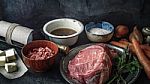 Ingredients For Boeuf Bourguignon On The  Dark Stone  Table Horizontal Stock Photo