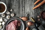 Ingredients For Boeuf Bourguignon On The Old Wooden Table Horizontal Stock Photo