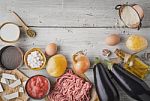 Ingredients For Moussaka On The White  Wooden Table  Top View Stock Photo