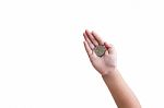 Isolated Top View Kid Hand With Coin On White Background Stock Photo