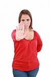 Isolated Young Woman Stop Sign, Focus On Hand Stock Photo