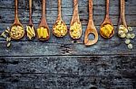 Italian Foods Concept And Menu Design. Various Kind Of Pasta Far Stock Photo
