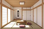 Japanese Living Room Interior In Traditional And Minimal Design Stock Photo