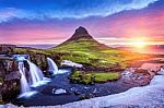 Kirkjufell At Sunrise In Iceland. Beautiful Landscape And Sunrise Stock Photo