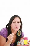 Lady Making Soap Bubbles Stock Photo