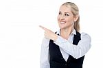 Lady Pointing Towards Copy Space Area Stock Photo