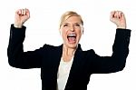 Lady Shouting With Arms Up Stock Photo