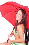 Lady Under A Red Umbrella Stock Photo