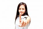 Lady With Pointing Upwards Gesture Stock Photo