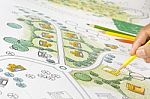 Landscape Architect Design Blueprints For Resort Stock Photo