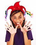 Laughing Girl With Joker Hat Stock Photo