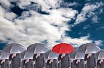 Leader Holding Red Umbrella For Show Different Think Stock Photo