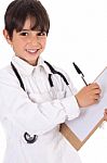 Little Boy Doctor Writes On His Clipboard For Diagnosis Stock Photo