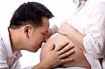 Lovely Pregnant With Her Husband Used Hand Touched Torso Stock Photo