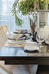 Luxury Dinning Room With Table Set On Table Stock Photo