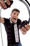 Male Dj Holding Headphone Stock Photo