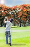 Male Golf Player Teeing Off Golf Ball Stock Photo