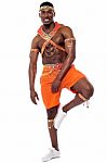 Male Samba Dancer Posing On One Leg Stock Photo