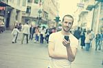 Man Joy With Cell Phone In City Stock Photo