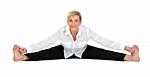 Manager Woman Doing Yoga At White Background Stock Photo