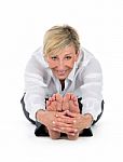 Manager Woman Doing Yoga At White Background Stock Photo