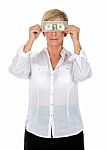 Manager Woman Holding Banknote Covering Her Eyes Stock Photo