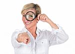 Manager Woman Looking Through Magnifying Glass Stock Photo