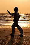 Martial Art Man Training In Silhouette Stock Photo