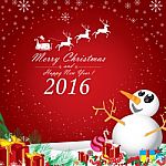 Merry Christmas And Happy New Year 2016. Snowman And Cherry In Winter. The White Snow And White Reindeer On Gold Background. Santa Claus And Christmas Gift Stock Photo