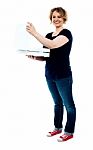 Middle Aged Woman Holding Pizza Box Stock Photo