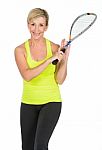Middle Aged Woman Holding Squash Racket Stock Photo