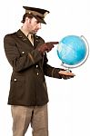 Military Officer Pointing The Globe Stock Photo