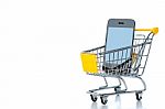 Mobile Phone In Shopping Cart Stock Photo