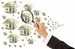 Money And Magnifying Glass In Hand Stock Photo