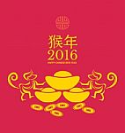 Monkeys Zodiac And Gold Ingots For Chinese New Year Stock Photo