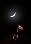 Moon, Star Anf Turkish Flag Are Together At Night Stock Photo