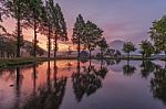 Mountain Fuji During Sunrise With Small Lake At Fumoto Para Camping Ground Stock Photo