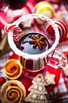 Mulled Wine With Spices And Gingerbread Cookies Stock Photo
