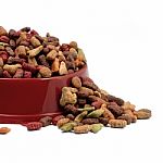 Multicolored Dry Cat Or Dog Food In Red Bowl Isolated On White B Stock Photo