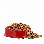 Multicolored Dry Cat Or Dog Food In Red Bowl Isolated On White B Stock Photo