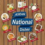 National Dishes Of Asean On Wooden Background Stock Photo