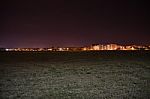 Night Public Park In The City With Houses Near Stock Photo