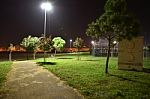 Night Public Park In The City With Houses Near Stock Photo