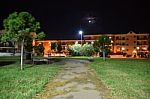 Night Public Park In The City With Houses Near Stock Photo