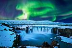 Northern Light, Aurora Borealis At Godafoss Waterfall In Winter, Iceland Stock Photo
